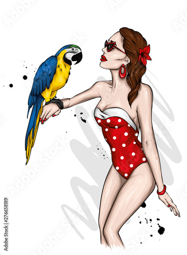 Beautiful girl in a stylish swimsuit. Parrot. Summer and rest. Fashion, style, clothing and accessories. Illustration for a postcard or poster, print on clothes. Woman with long hair.