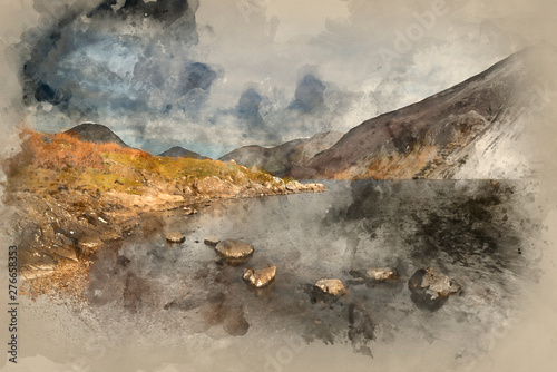 Digital watercolor painting of Beautiful sunset landscape image of Wast Water and mountains in Lake District in Autumn in England