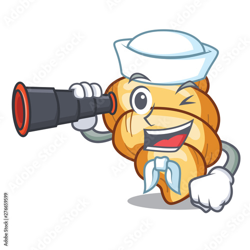 Sailor with binocular pasta gnocchi cooked in mascot pan