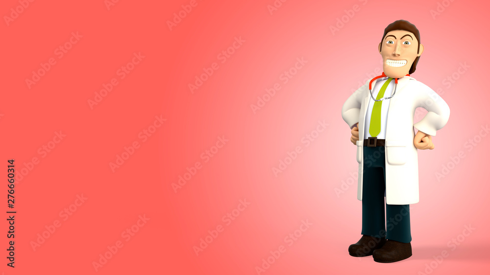 Cartoon 3d doctor with a stethoscope proud and smiling with hands on his hips on a red gradient background 3d rendering Cartoon 3d doctor with a stethoscope proud and smiling with hands on his hips on a red gradient background 3d rendering