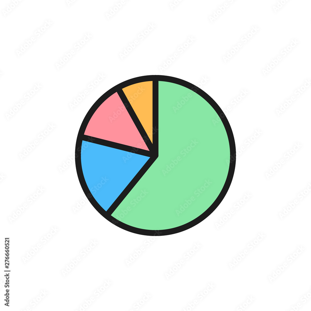 Pie chart, graphs in segments flat color icon. Pie chart, graphs in segments flat color icon.