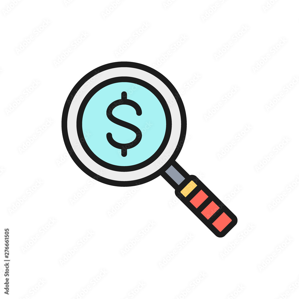 Vector magnify glass with dollar, money search, currency flat color line icon. Vector magnify glass with dollar, money search, currency flat color line icon.