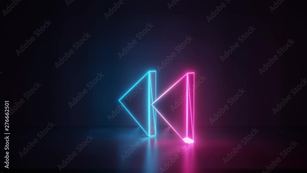 3d rendering glowing blue purple neon laser light with wireframe symbol of double fast backward left triangle arrows in empty space corner seamless fade animation