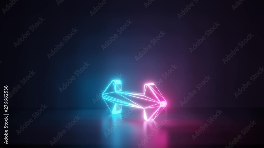 3d rendering glowing blue purple neon laser light with wireframe symbol of double side horizontal arrow in empty space corner seamless fade animation 3d rendering glowing blue purple neon laser light with wireframe symbol of double side horizontal arrow in empty space corner seamless fade animation