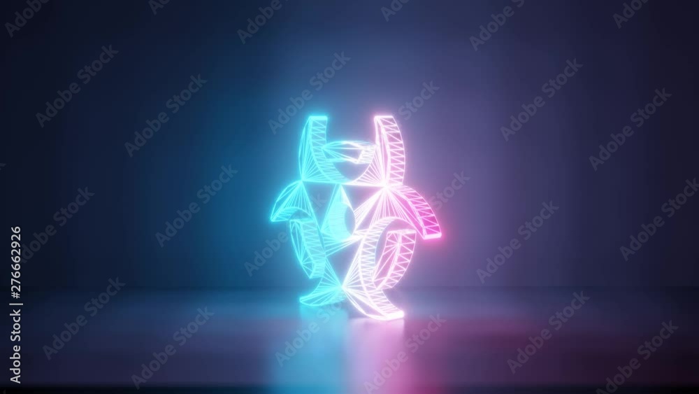 3d rendering glowing blue purple neon laser light with wireframe symbol of biohazard sign in empty space corner seamless fade animation