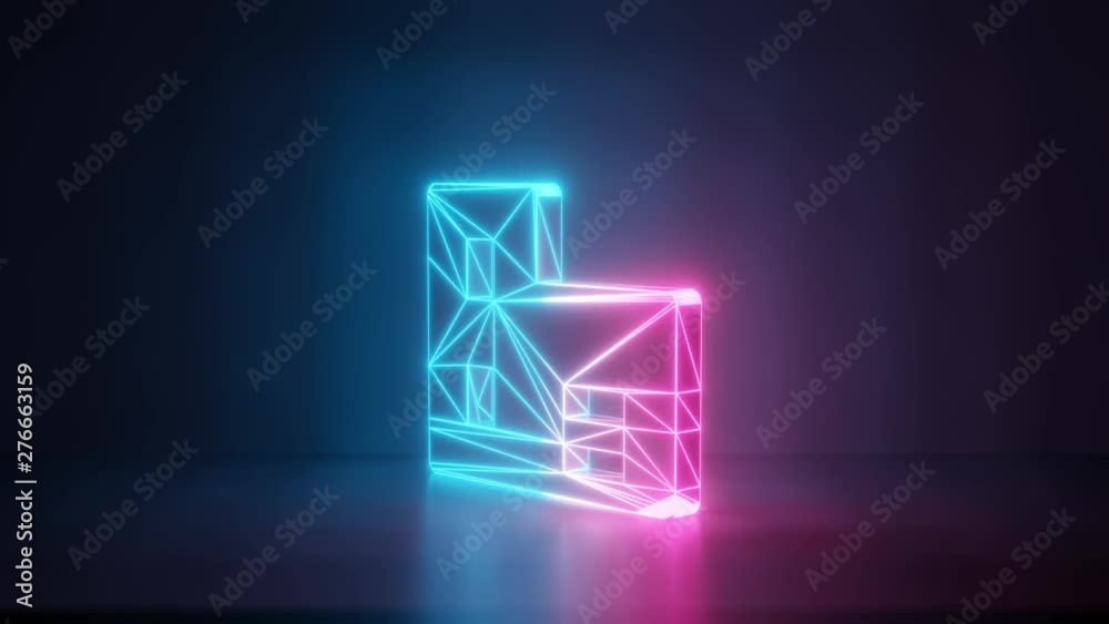 3d rendering glowing blue purple neon laser light with wireframe symbol of building in empty space corner seamless fade animation