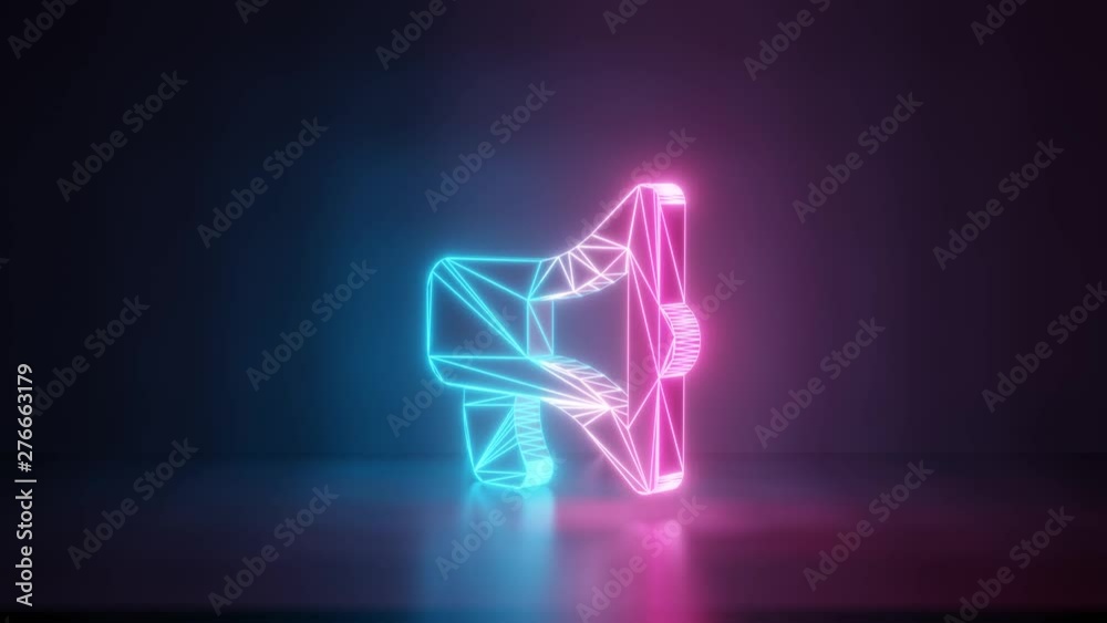 3d rendering glowing blue purple neon laser light with wireframe symbol of bullhorn in empty space corner seamless fade animation