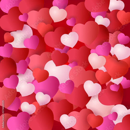 Colored pattern with red hearts. For card Valentine Day or wedding or print on fabric. Vector background.