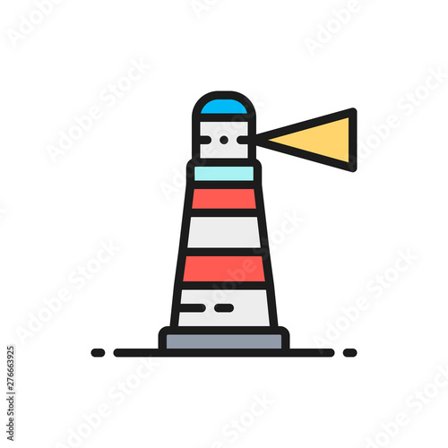 Vector lighthouse, beacon, navigation, seamark flat color line icon.