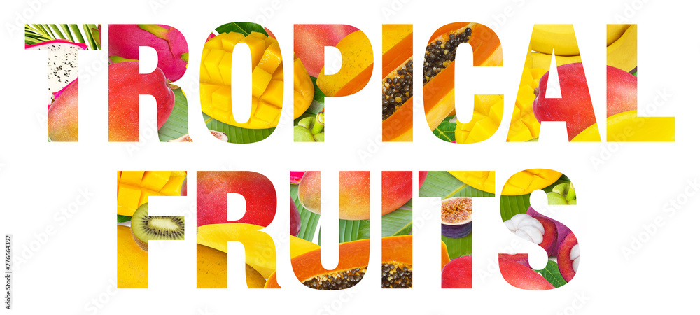 Tropical fruits text on а white background. Letters from fruit images