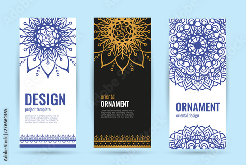 Indian floral medallion banners. Mandala ornament. Henna tattoo style. Can be used for textile, greeting card, coloring book. Vector illustration.