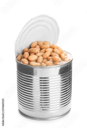 Tin can with beans on white background