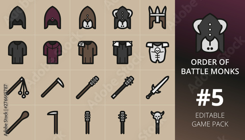RPG game icons set. Set of weapons, battle monks, king helmet, robe armour, skull armor, staff warrior, club weapon, two handed cudgel, legendary sword, two handed. Editable RPG game items pack