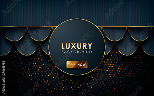 Luxury black background. Realistic overlap layers with golden list and golden glitters.