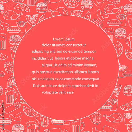 Beer, different types of food and fast food.