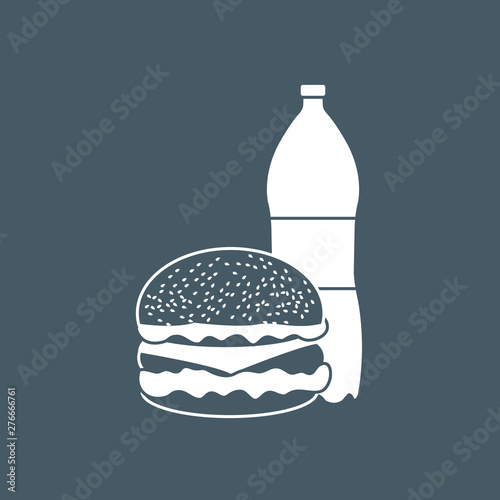 Burger and bottle of soda water.