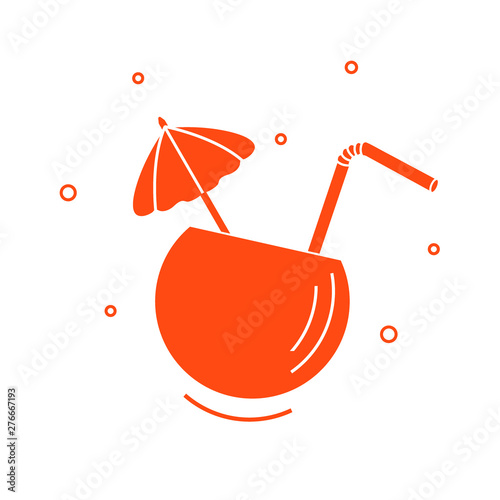 Stylized icon of the cocktail in half coconut, tube and umbrella. Travel and leisure.