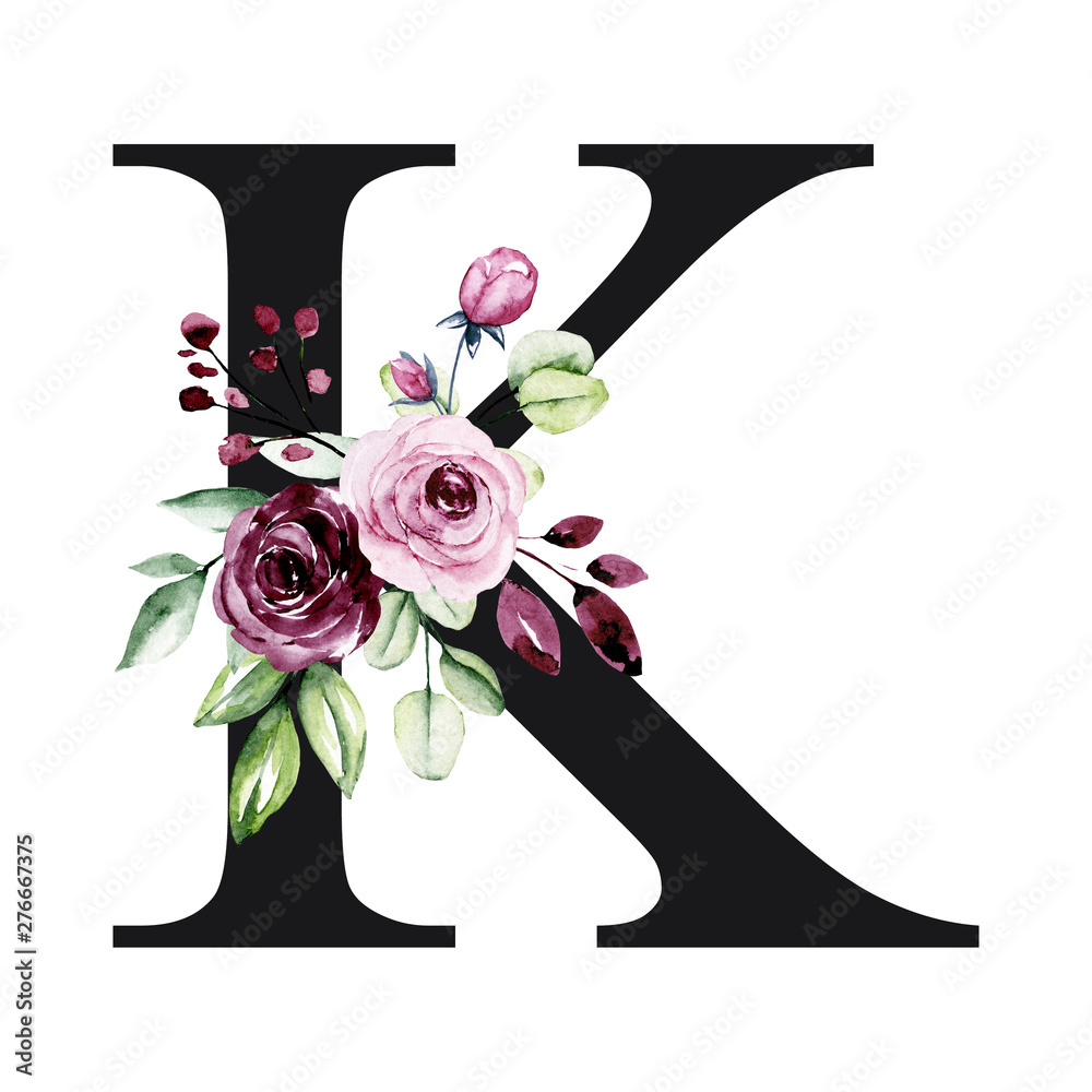 Floral alphabet, letter K with watercolor flowers and leaves. Monogram ...