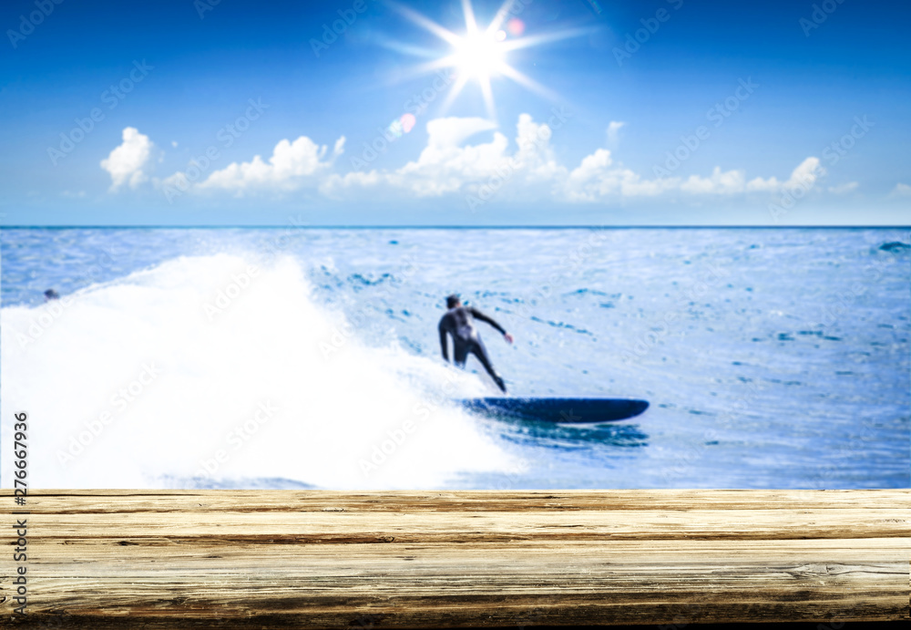 Fototapeta premium Table background of free space and summer background of beach 