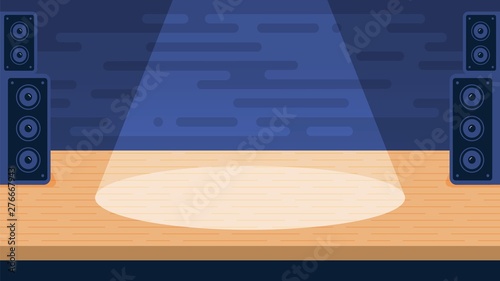 Empty stage for performances with the spotlight beam. Vector flat illustration.