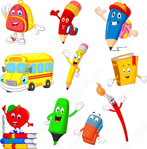 Cartoon school supplies collection set