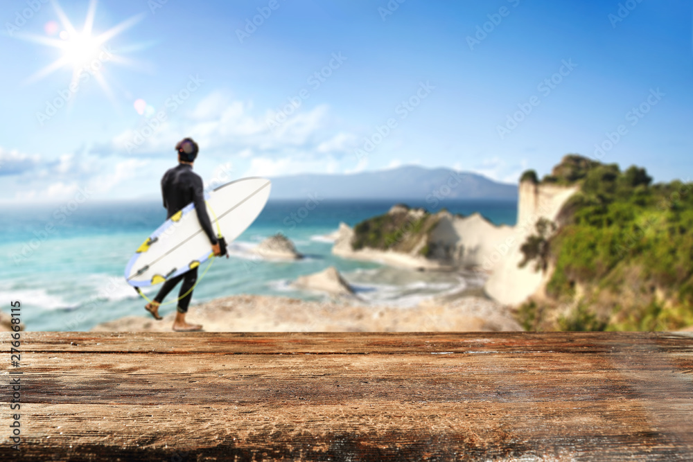 Table background of free space and summer background of beach Table background of free space and summer background of beach