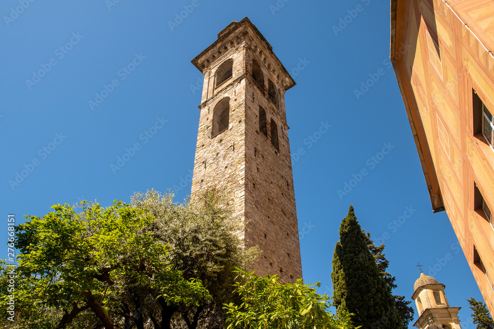 Low angle view of the stone bell tower 