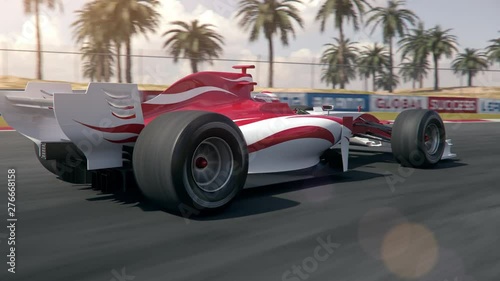 Generic formula one race car drives past the camera and accelerates - dynamic camera pan - realistic high quality 3d animation - my own car design - no copyright/trademark infringement