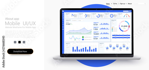 	 Dashboard, great design for any site purposes. Business infographic template. Vector flat illustration. Big data concept Dashboard user admin panel template design. Analytics admin dashboard. Blue.