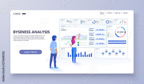 Vector web site linear art design template. Finance charts and diagrams. Modern flat design concept of Data Analysis for website and mobile website. Landing page template. Easy to edit and customize. 