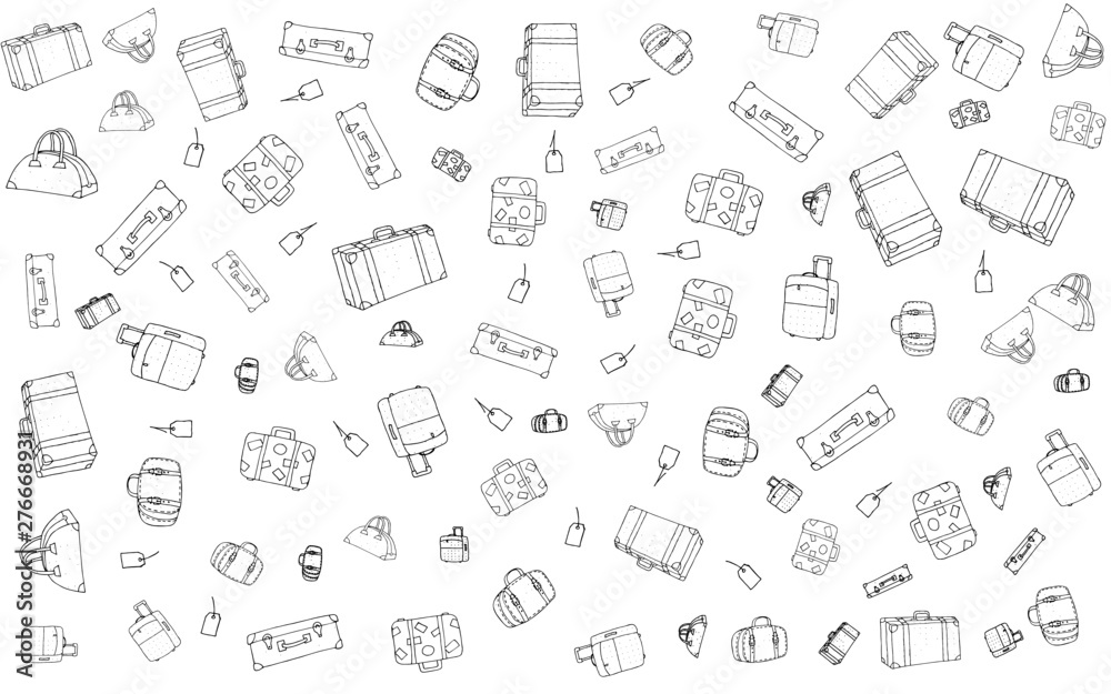 Doodle sketch of suitcases and travel bags.Vector illustration isolated on white background.Can be used as decoration for wrapping paper,wallpaper,backdrop,printing, decorating,coloring book template