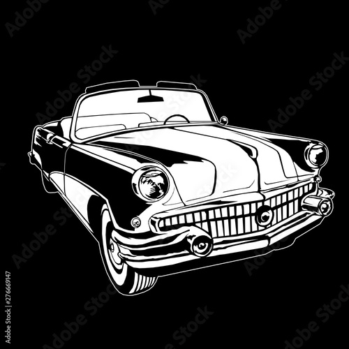 cabriolet 1950-60s retro vintage vector monogram hand drawing white on black background