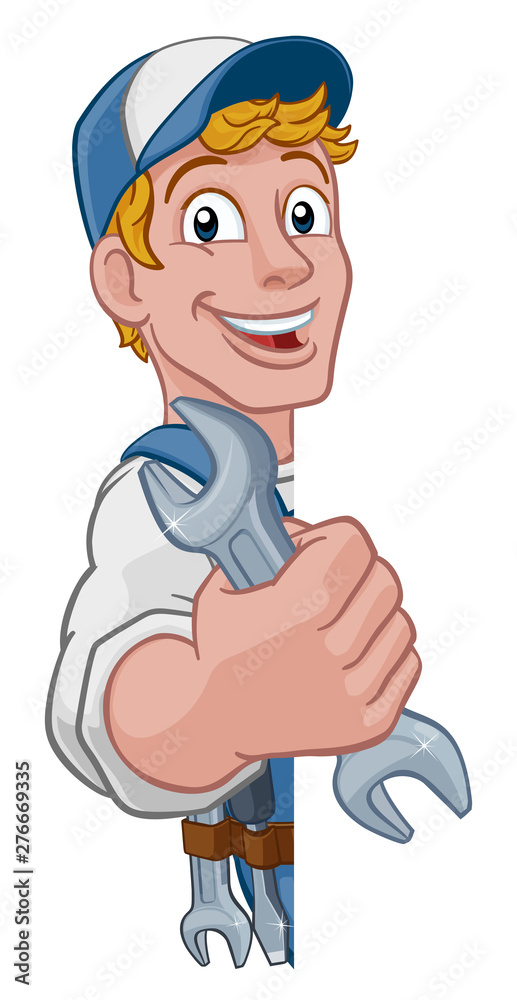 Mechanic plumber maintenance handyman cartoon mascot man holding a wrench or spanner. Peeking around a sign Mechanic plumber maintenance handyman cartoon mascot man holding a wrench or spanner. Peeking around a sign