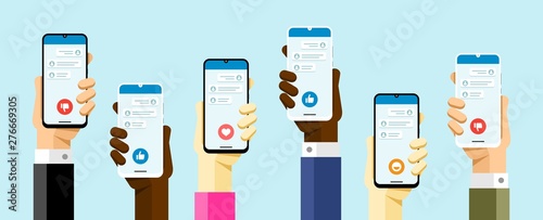 Social media communication with a lot of peoples via smartphone application. Like, dislike, smile, love button. Vector illustration
