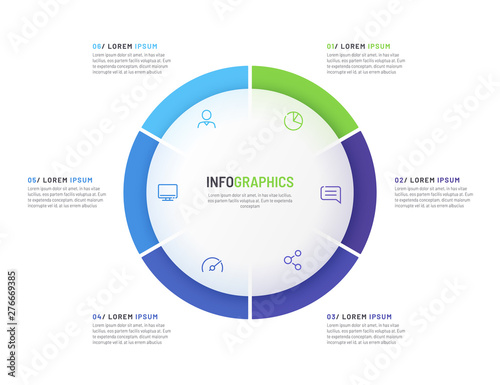Pie chart infographic template divided by six parts. Vector illustration
