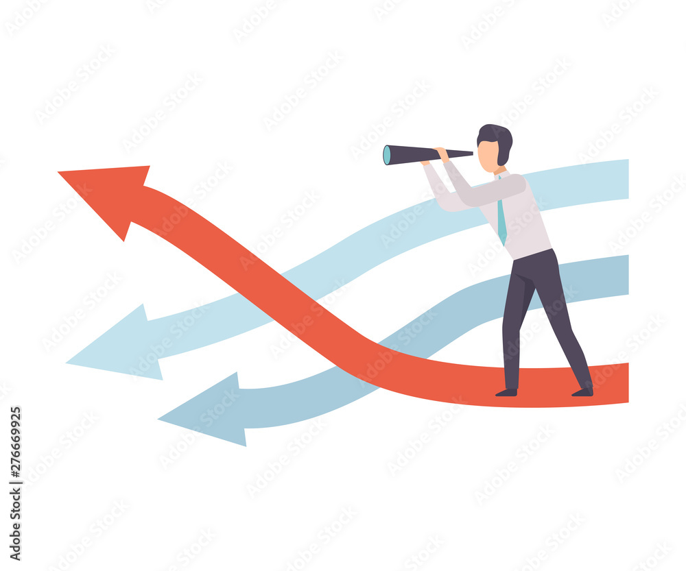 Businessman with Telescope Standing on Growth Arrow Graph Vector Illustration Businessman with Telescope Standing on Growth Arrow Graph Vector Illustration