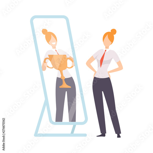 Narcissistic Woman Character Looking at Mirror and Seeing in Reflection of Herself with Winner Cup, Girl Overestimate Herself, Self Confidence, Motivation Vector Illustration