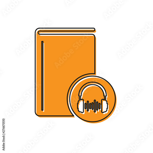 Orange Audio book icon isolated on white background. Book with headphones. Audio guide sign. Online learning concept. Vector Illustration