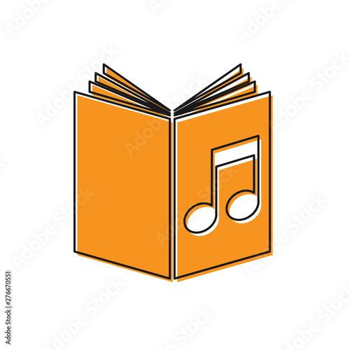 Orange Audio book icon isolated on white background. Musical note with book. Audio guide sign. Online learning concept. Vector Illustration