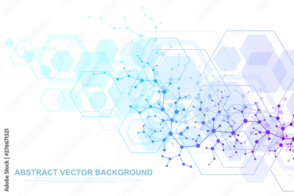 Scientific molecule background for medicine, science, technology, chemistry. Waves flow. Wallpaper or banner with a DNA molecules. Vector geometric dynamic illustration - obrazy, fototapety, plakaty 