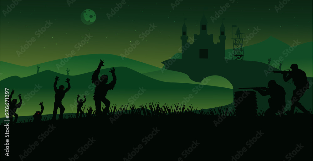 flat green mountain landscape with zombies try to attack the city and the soldiers are fighting, flat vector illustration.