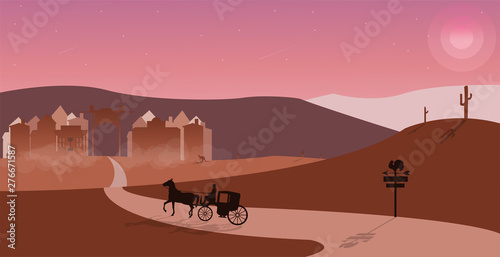 flat mountain landscape and cowboy city with carriage   flat vector illustration.