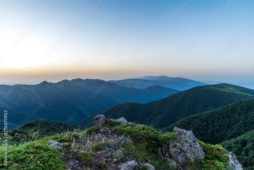Panoramic summer mountain landscape during sunny day. 