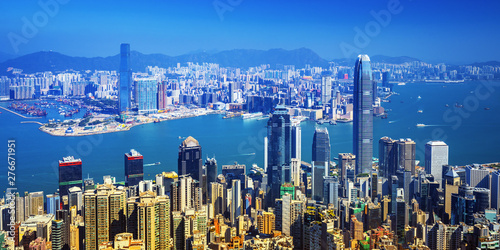 Photography Panoramatic view on Hong Kong city skyline from the Victoria peak, China