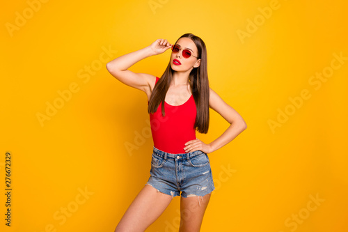 Close up photo of amazing lady colorful appearance luxury vogue wear specs jeans denim shorts red body tank-top © deagreez