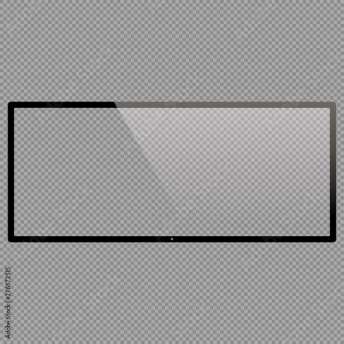 21x9 LCD monitor set vector illustrations. Realistic empty TV frame with reflection and transparency screen isolated.  Lcd display screen, tv digital panel plasma