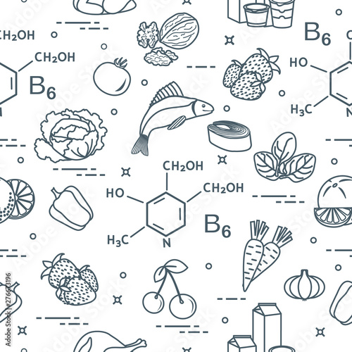 Seamless pattern with foods rich in vitamin B6.