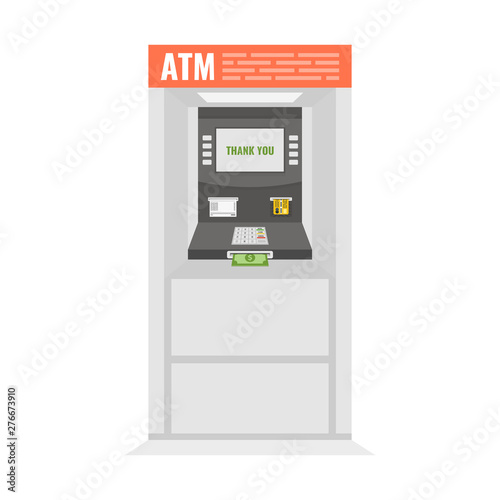 Street ATM teller machine with positive response on the screen and dollar banknotes sticking out of a slot. Vector illustration.