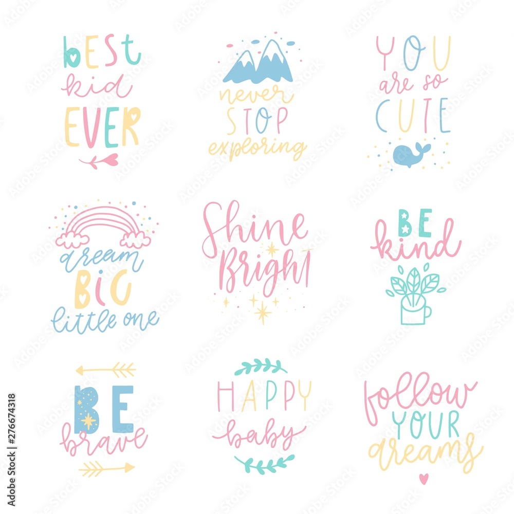 Big kids collection of fun phrases with simple cartoon illustration and lettering in scandinavian style. Bright vector illustration. Perfect for nursery design Big kids collection of fun phrases with simple cartoon illustration and lettering in scandinavian style. Bright vector illustration. Perfect for nursery design