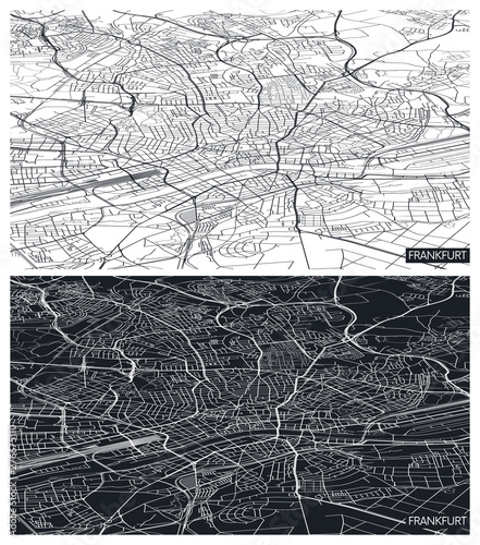 Aerial top view city map Frankfurt, black and white detailed plan, urban grid in perspective, vector illustration